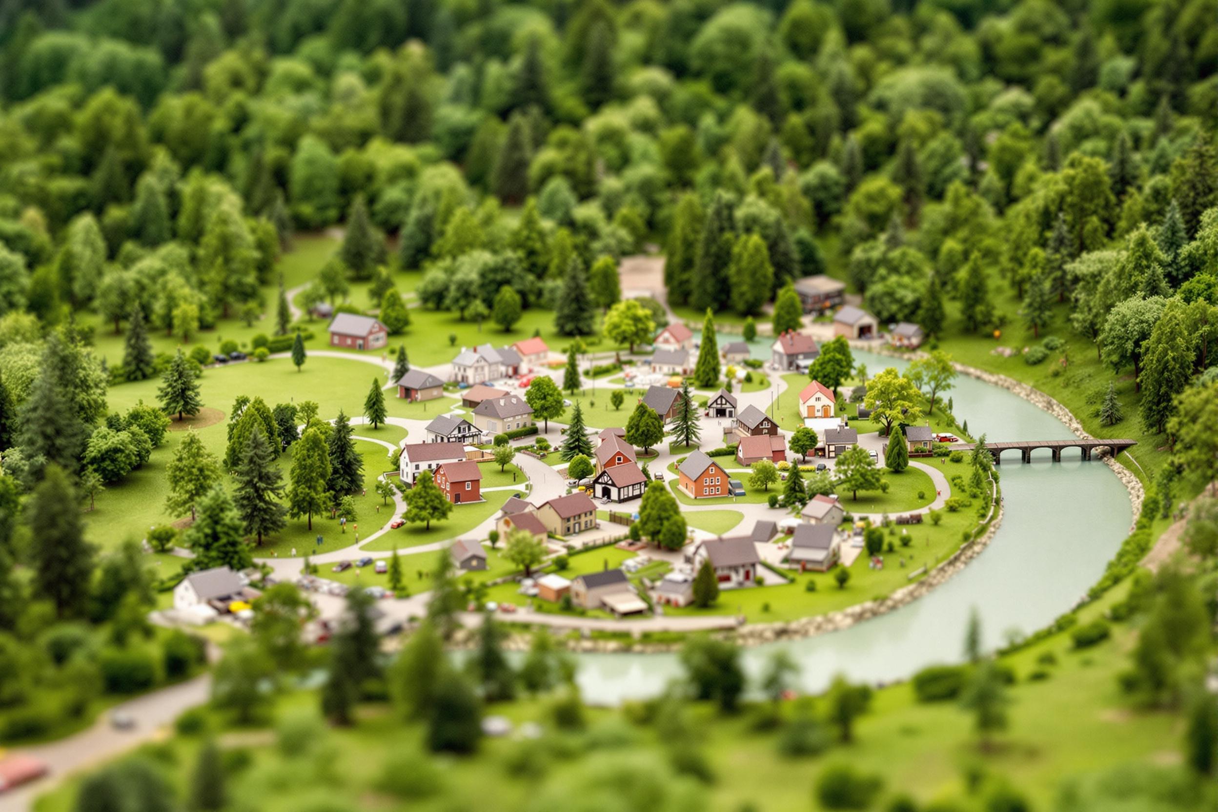 a close up of a miniature model of a small village nestled amidst a lush, verdant landscape, featuring a winding river and a backdrop of trees and buildings.