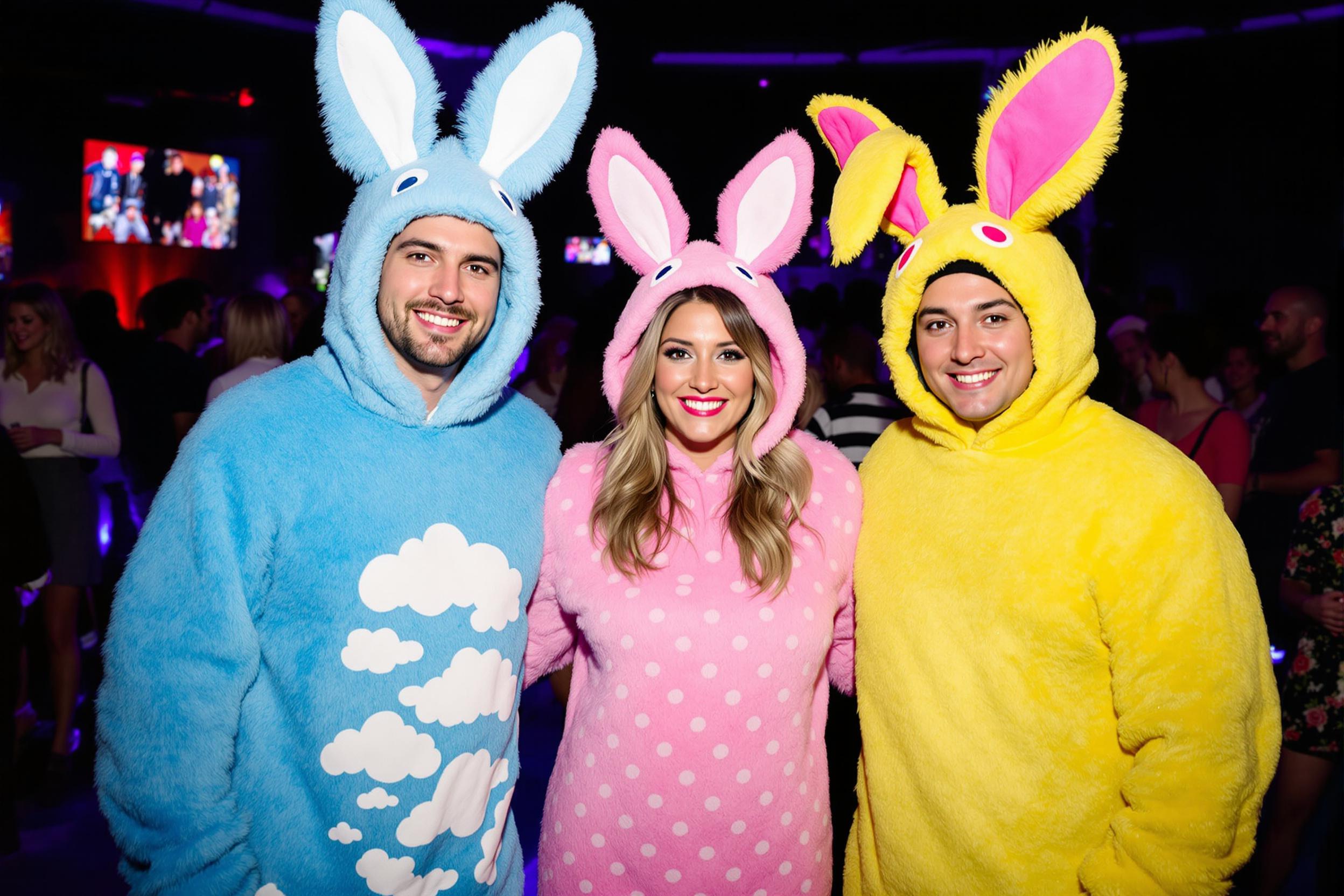 Three adults are dressed in colorful animal costumes at a club