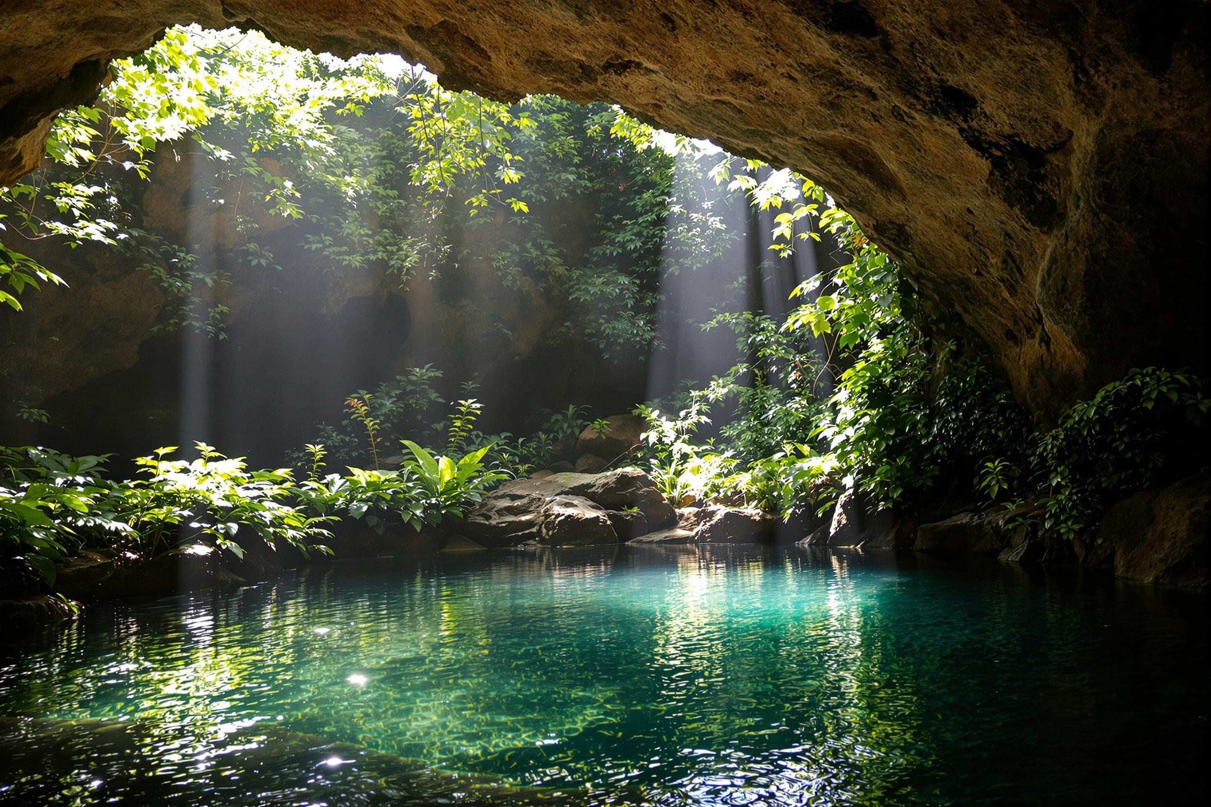 the serene interior of a cave, where a pool of water is nestled amidst an abundance of greenery. Sunlight filters through the cave opening, casting a soft glow on the surrounding foliage and the tranquil water below